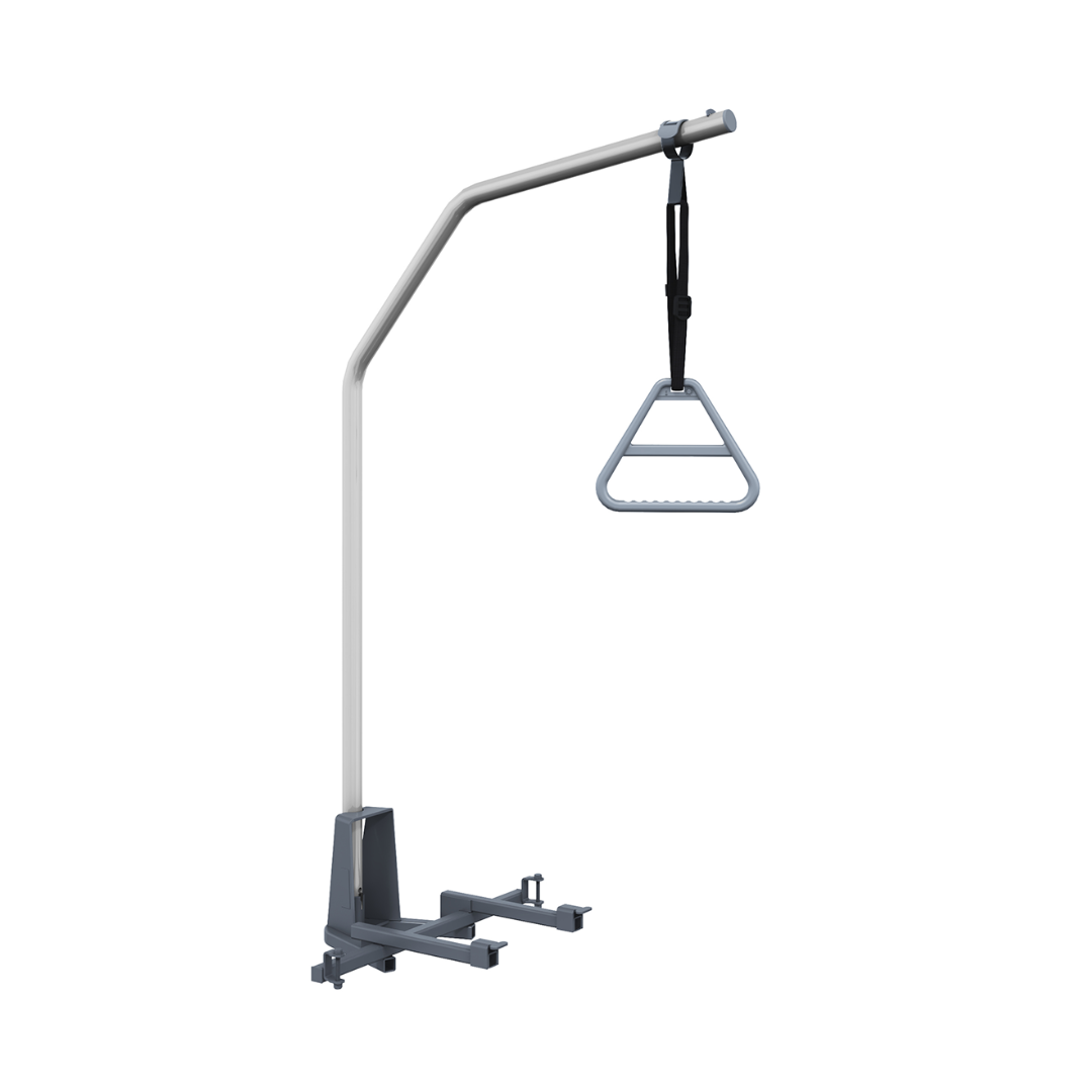 The Trapeze Self-Assist Pole for Accora Beds features a metal frame with a triangular handgrip and sturdy base, designed to support bed mobility and help patients reposition themselves; compatible with Accora Empresa beds.